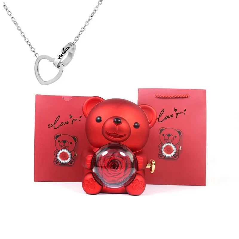 Eternal Rose Teddy Bear Gifts Box with Rotate Necklace Storage Case for Valentine Wedding Ideal Jewelry Packaging Display for Women Girls Girlfriend