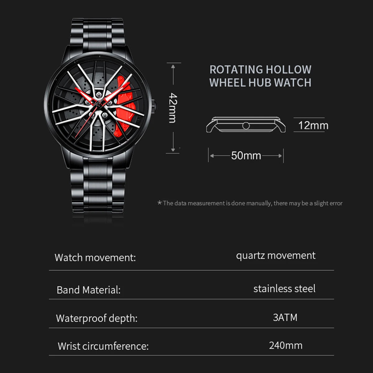 2024 New Stainless Steel Quartz Car Watch with Rotating Dial Sports Style Black Wristwatch by VA AV VOOM Top Brand