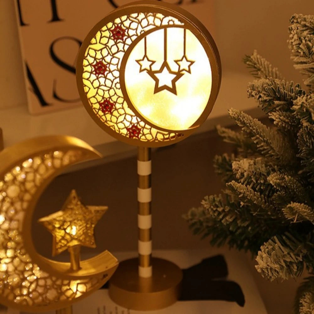 Ramadan Moon Star Lamp Sign Eid Mubarak Wooden Table Ornament 2025 Islamic Muslim Party Home Decoration LED Light Lantern Gifts