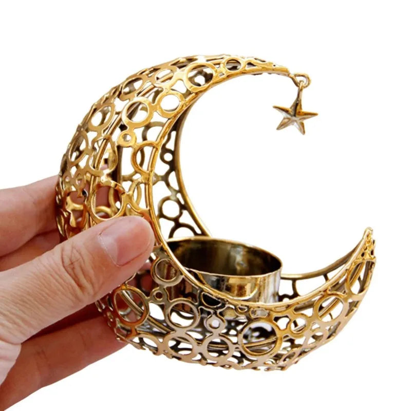 Eid Mubarak Ramadan Metal Candlestick Moon Shaped Candle Holder Home Desktop Ornament for Bedroom Showcase Living Room