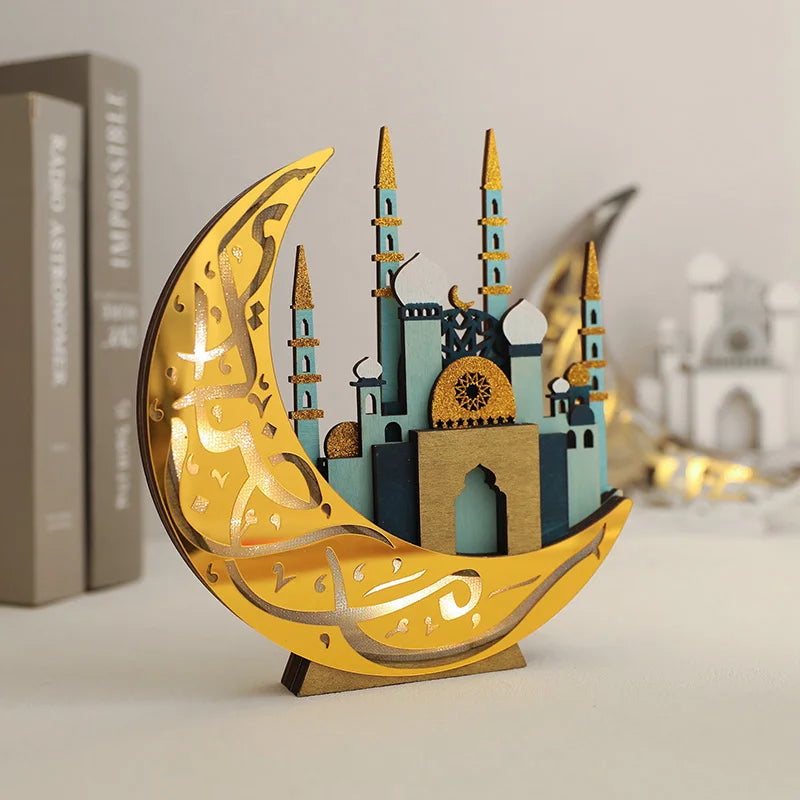 Ramadan Wooden Moon Mosque Night Light Table Ornament EID Mubarak Party Lights 2025 Islam Muslim Home Decoration Eid Al Adha