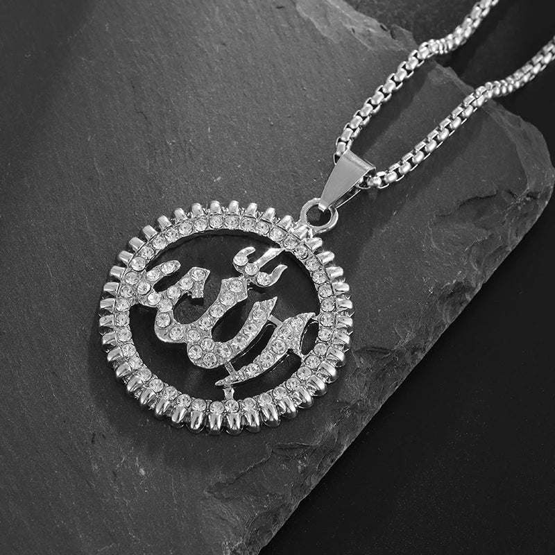 Islamic Muslim Rune Allah Round Pendant Necklace for Men Women Religious Ramadhan Festival Prayer Lucky Amulet Jewelry Gift