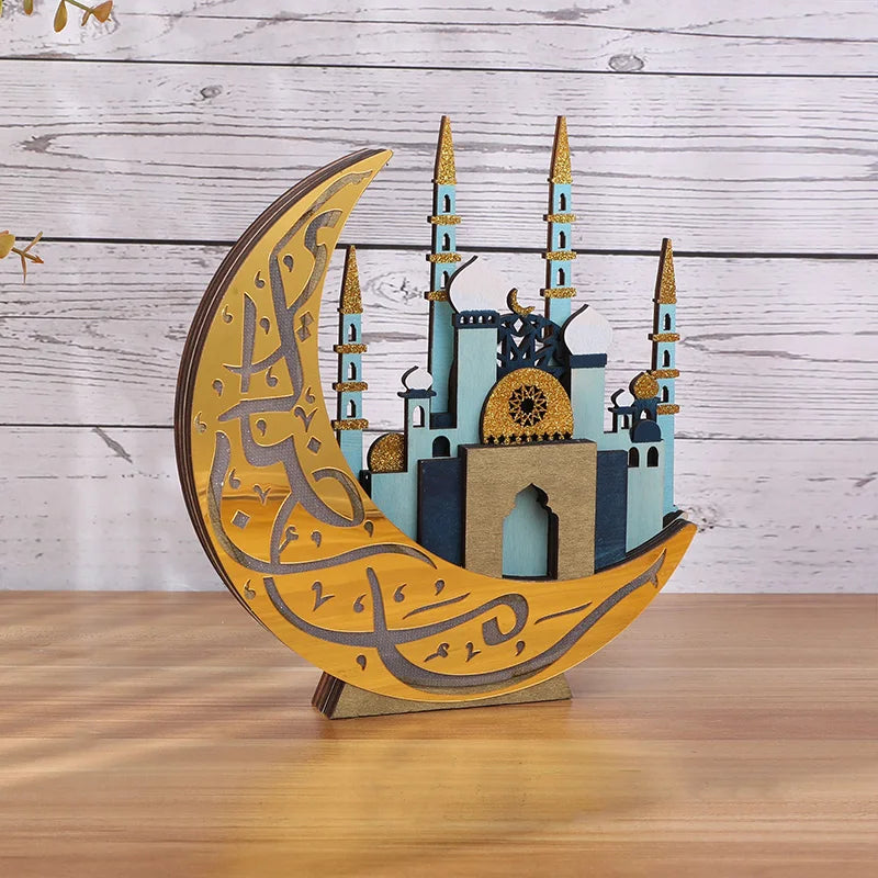 Ramadan Wooden Moon Mosque Night Light Table Ornament EID Mubarak Party Lights 2025 Islam Muslim Home Decoration Eid Al Adha