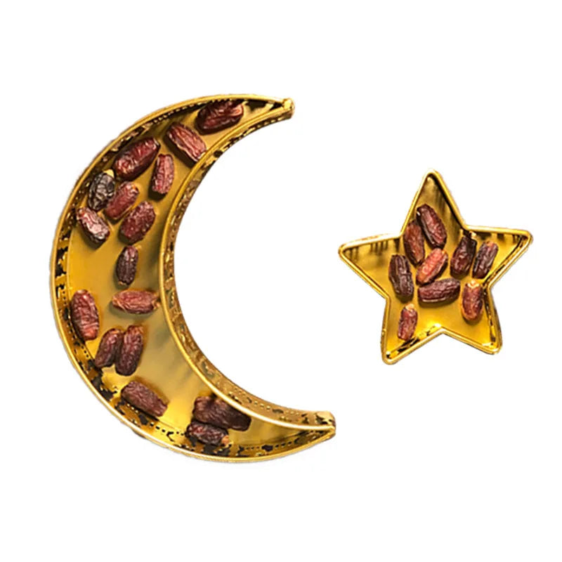 EID MUBARAK Ramadan Party Food Serving Tableware Moon Star Castle Iron Fruit Plate Ramadan Dessert Pastry Tray Display Holder