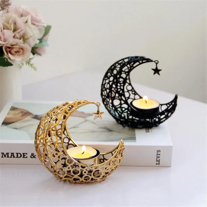 Eid Mubarak Ramadan Metal Candlestick Moon Shaped Candle Holder Home Desktop Ornament for Bedroom Showcase Living Room