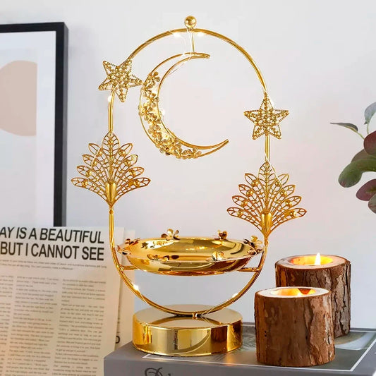 EID Ramadan Metal Gold Candle Holder Tray With Lights Eid Mubarak Muslim Islam Festival Aromatherapy Stove for Home Ornament