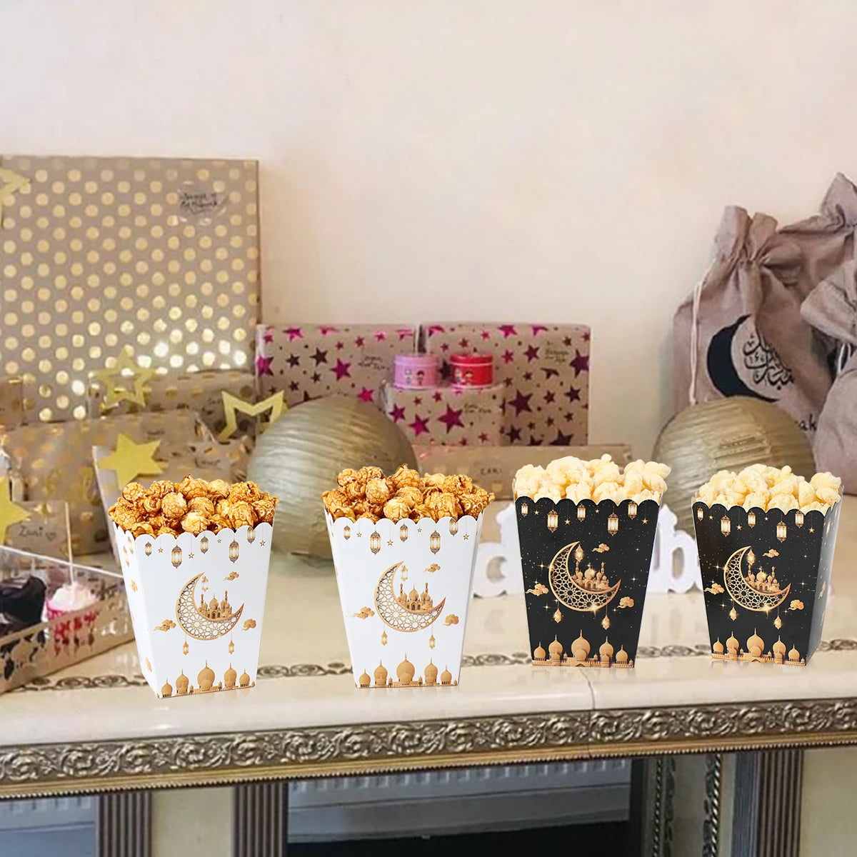 EID Popcorn Box Candy Bag Biscuit Gift Box Ramadan Decorations For Home 2025 EID Mubarak Islamic Muslim Party Decor Eid al-Fitr