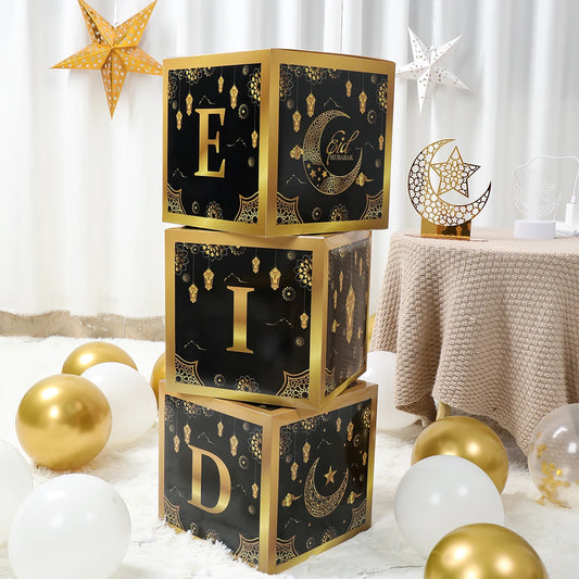 EID Mubarak Decoration Black Gold Box Ramadan Decor 2025 for Home Gift box Ramadan Kareem Islamic Muslim Party Eid Al Adha Gifts