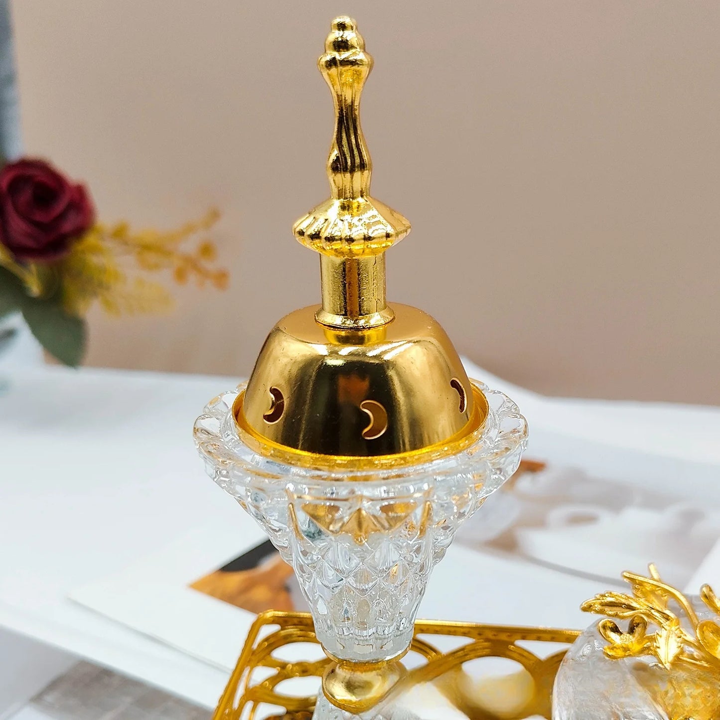 Arabic Crystal Incense Burner, Golden Square Tray Set, Living Room, Middle Eastern Ornament, Three-piece Set