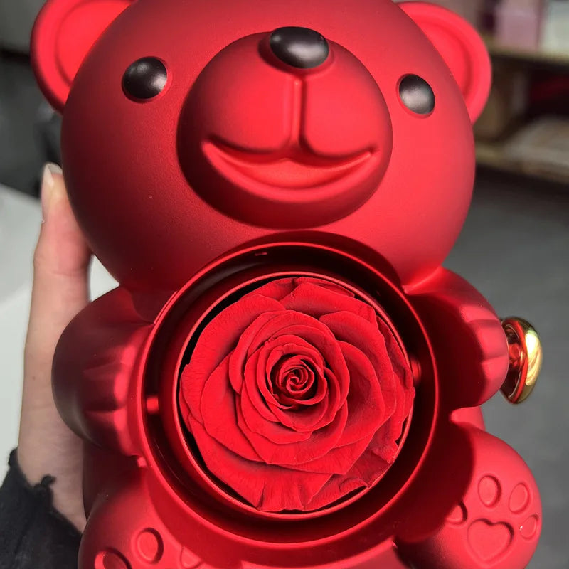 Eternal Rose Teddy Bear Gifts Box with Rotate Necklace Storage Case for Valentine Wedding Ideal Jewelry Packaging Display for Women Girls Girlfriend