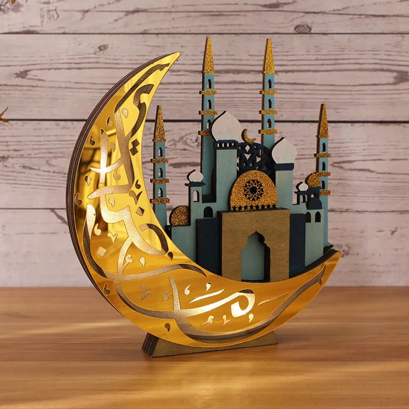 Ramadan Wooden Moon Mosque Night Light Table Ornament EID Mubarak Party Lights 2025 Islam Muslim Home Decoration Eid Al Adha