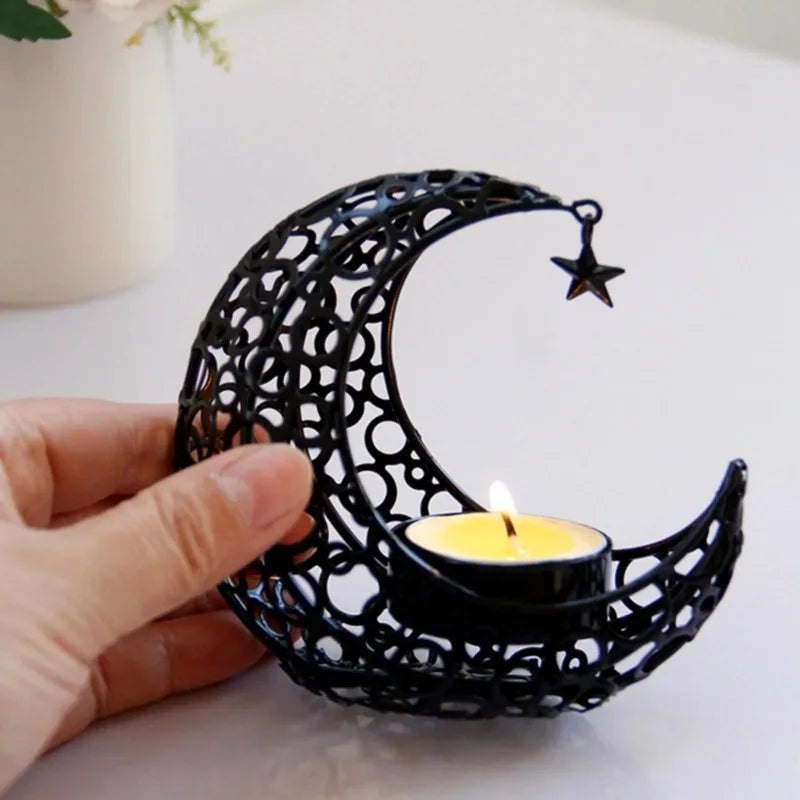 Eid Mubarak Ramadan Metal Candlestick Moon Shaped Candle Holder Home Desktop Ornament for Bedroom Showcase Living Room