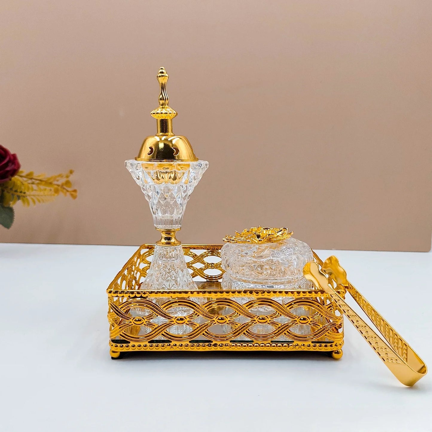 Arabic Crystal Incense Burner, Golden Square Tray Set, Living Room, Middle Eastern Ornament, Three-piece Set