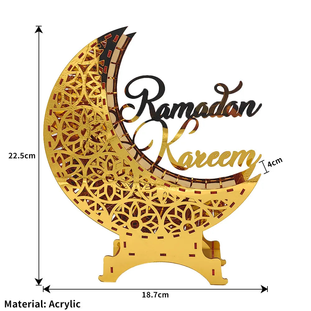 Ramadan Kareem Decoration with LED Night Light Acrylic Mirror Moon Castle Eid Mubarak Al-Fitr Tabletop Ornament DIY Party Gifts