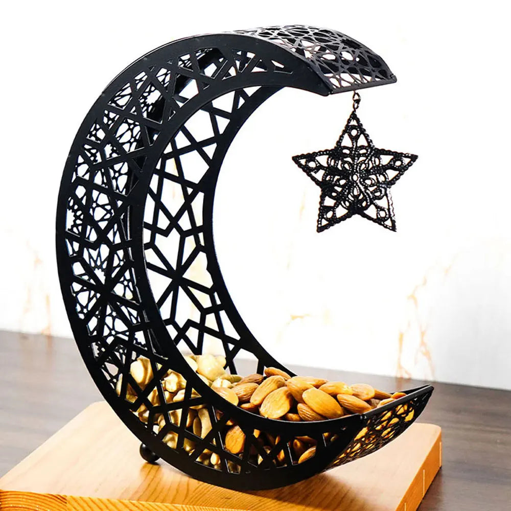 Golden Snack Tray Hollow Out Moon Star Shape Eid Mubarak Serving Platter Muslim Ramadan Nuts Plate Ramadan Candy Storage Box