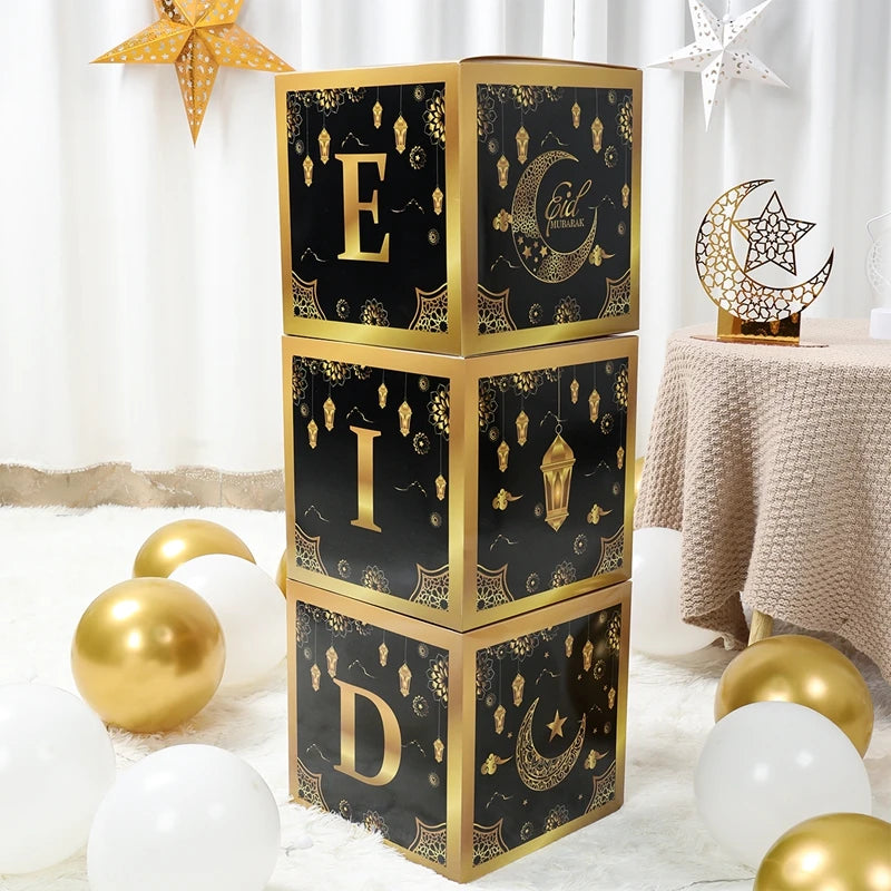 EID Mubarak Decoration Black Gold Box Ramadan Decor 2025 for Home Gift box Ramadan Kareem Islamic Muslim Party Eid Al Adha Gifts