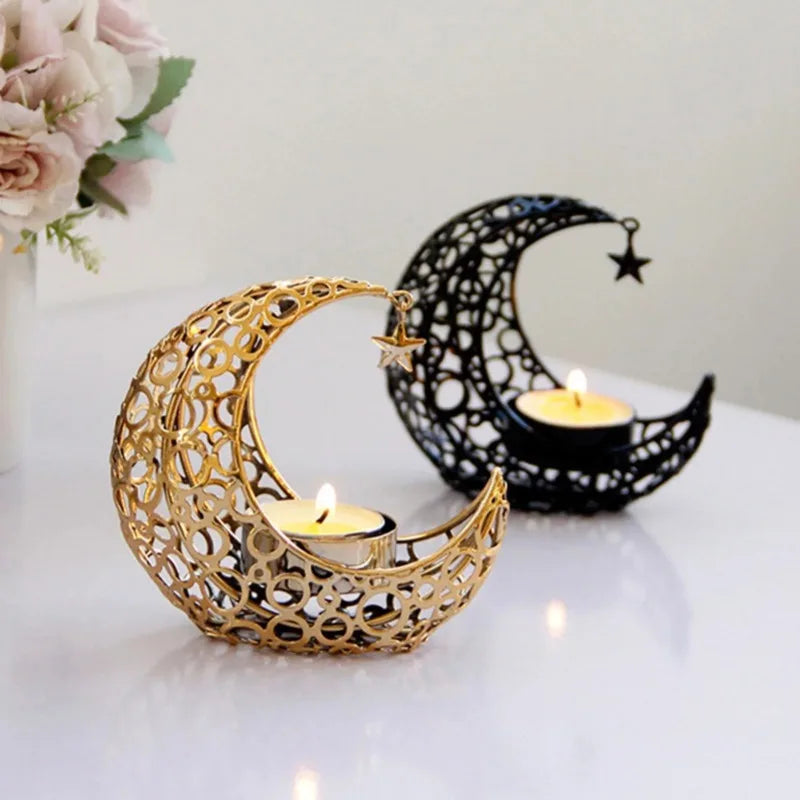 Eid Mubarak Ramadan Metal Candlestick Moon Shaped Candle Holder Home Desktop Ornament for Bedroom Showcase Living Room