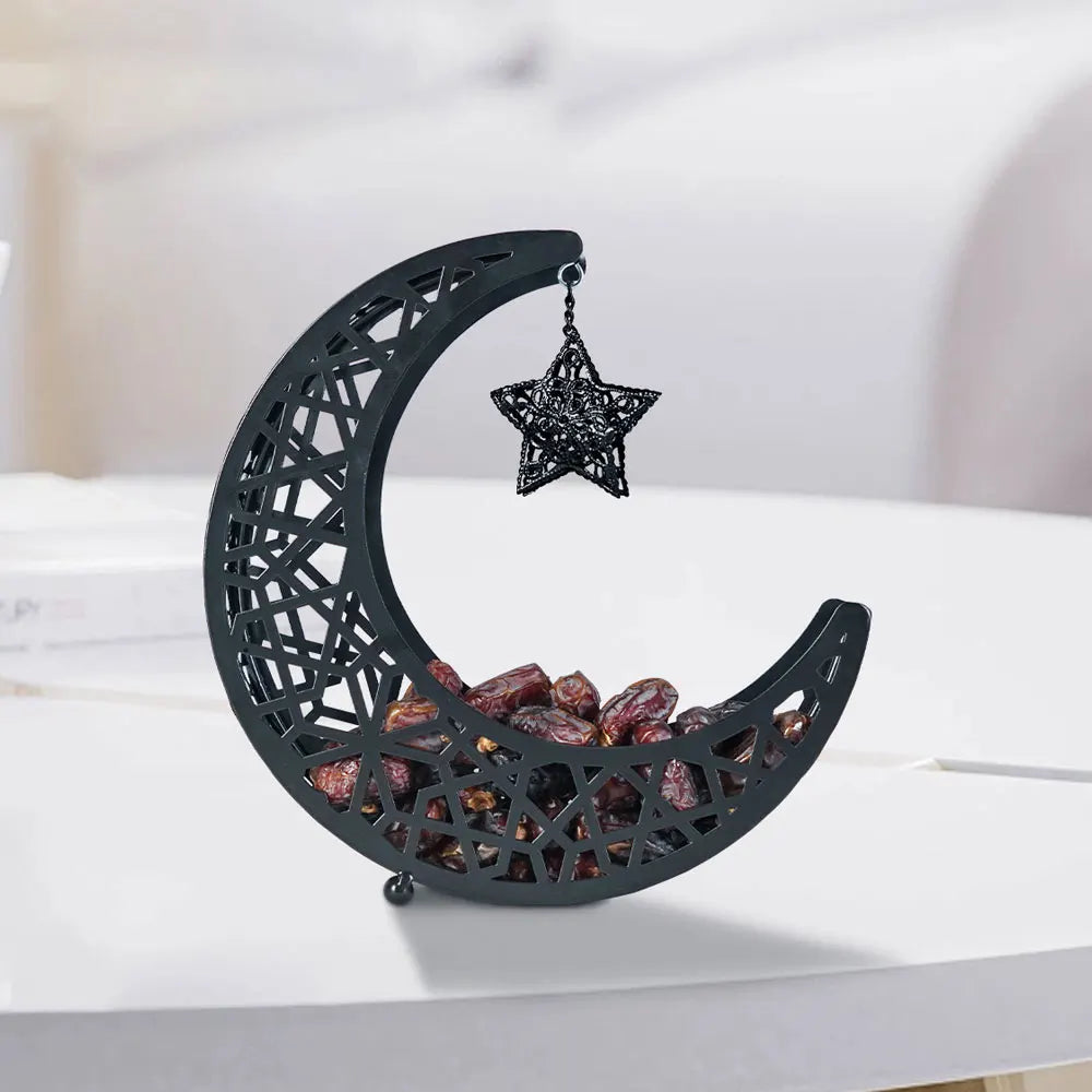 Golden Snack Tray Hollow Out Moon Star Shape Eid Mubarak Serving Platter Muslim Ramadan Nuts Plate Ramadan Candy Storage Box