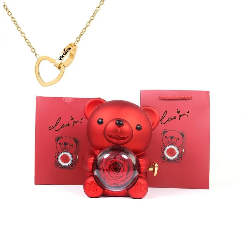 Eternal Rose Teddy Bear Gifts Box with Rotate Necklace Storage Case for Valentine Wedding Ideal Jewelry Packaging Display for Women Girls Girlfriend