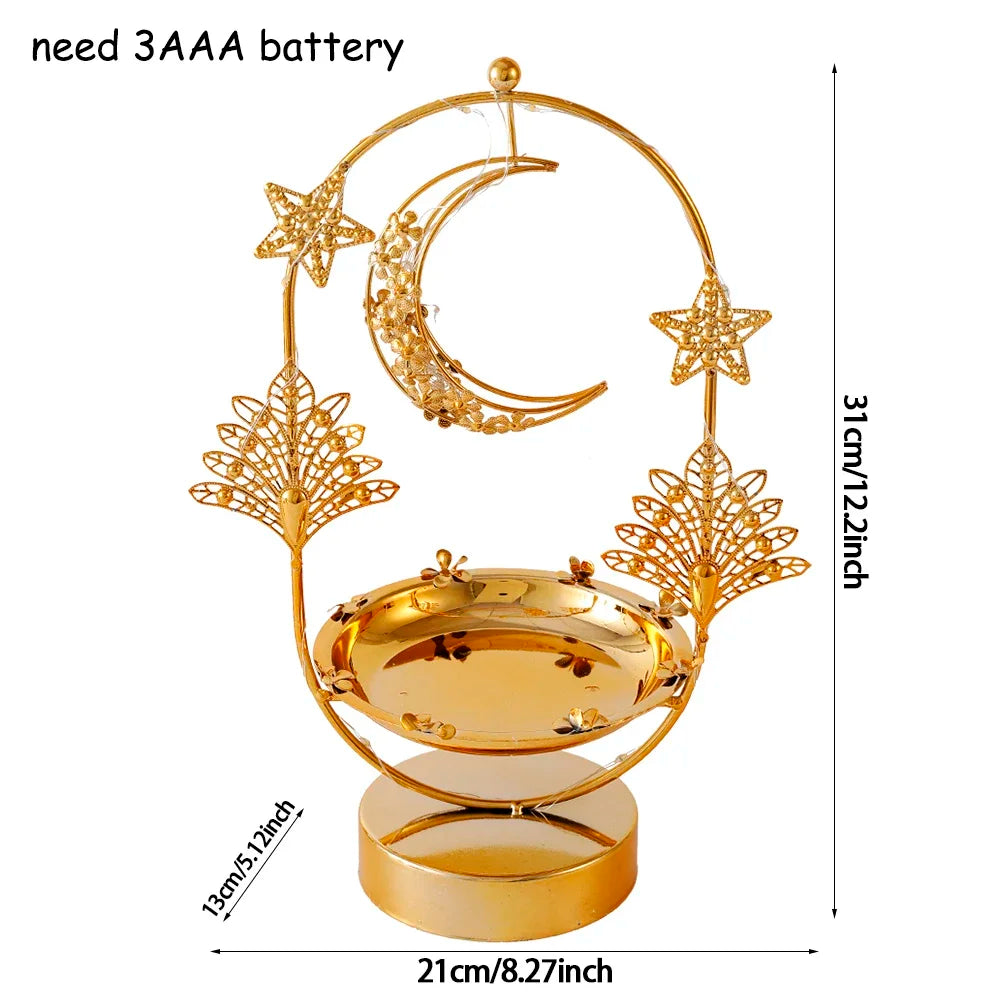 EID Ramadan Metal Gold Candle Holder Tray With Lights Eid Mubarak Muslim Islam Festival Aromatherapy Stove for Home Ornament