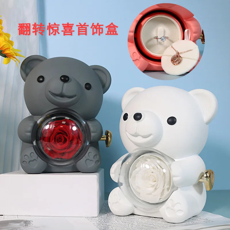 Eternal Rose Teddy Bear Gifts Box with Rotate Necklace Storage Case for Valentine Wedding Ideal Jewelry Packaging Display for Women Girls Girlfriend