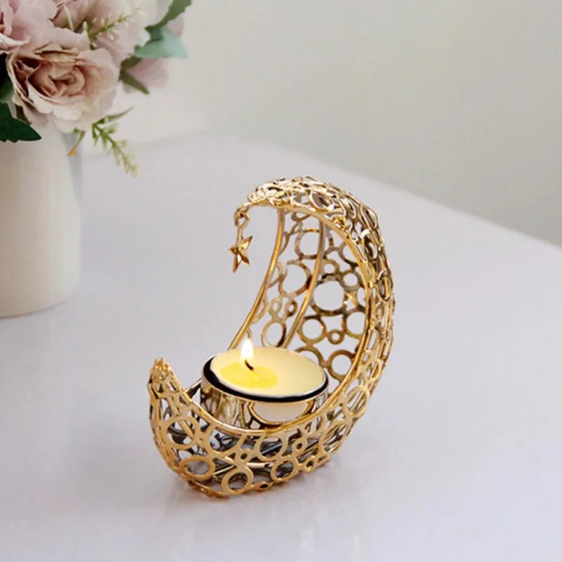 Eid Mubarak Ramadan Metal Candlestick Moon Shaped Candle Holder Home Desktop Ornament for Bedroom Showcase Living Room