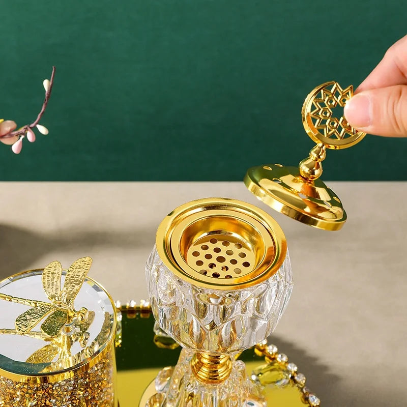 Arabic Incense Burner Set, Golden Plate, Middle Eastern Style Ornaments, Crystal, Spice Jar, Essential Oil Bottle, Gift