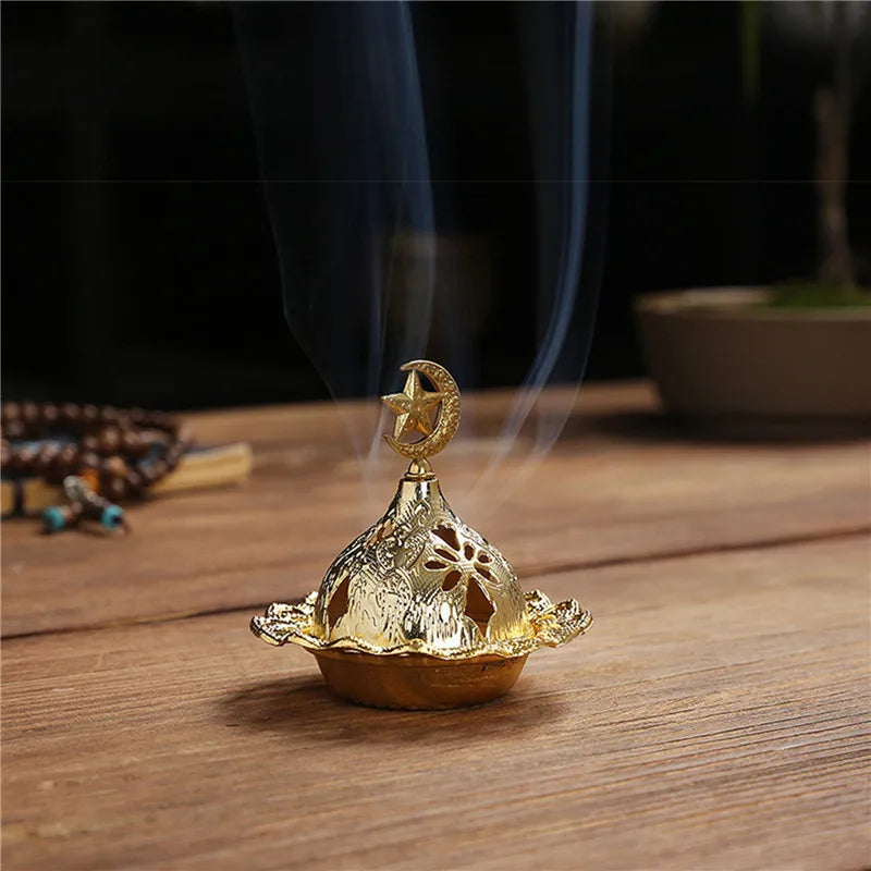 2024 Muslim Eid Mubarak Star Moon Mini Portable Golden Incense Tower Ornaments Ramadan Decor for Home Ramadan Kareem Party Decor