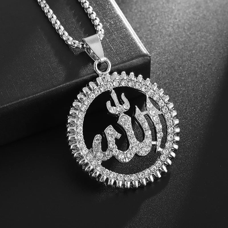 Islamic Muslim Rune Allah Round Pendant Necklace for Men Women Religious Ramadhan Festival Prayer Lucky Amulet Jewelry Gift