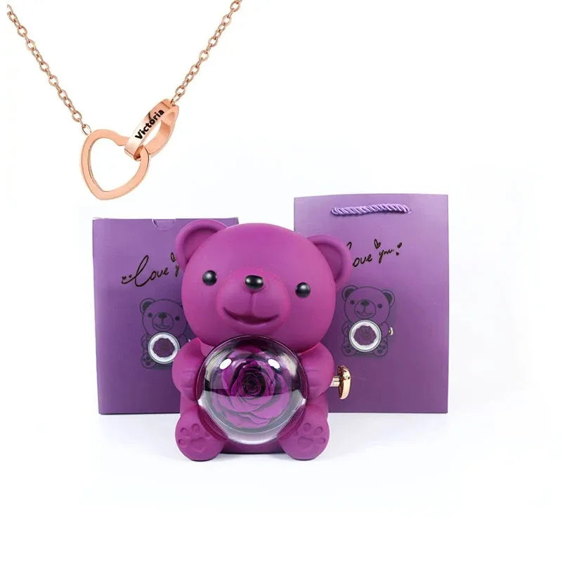 Eternal Rose Teddy Bear Gifts Box with Rotate Necklace Storage Case for Valentine Wedding Ideal Jewelry Packaging Display for Women Girls Girlfriend