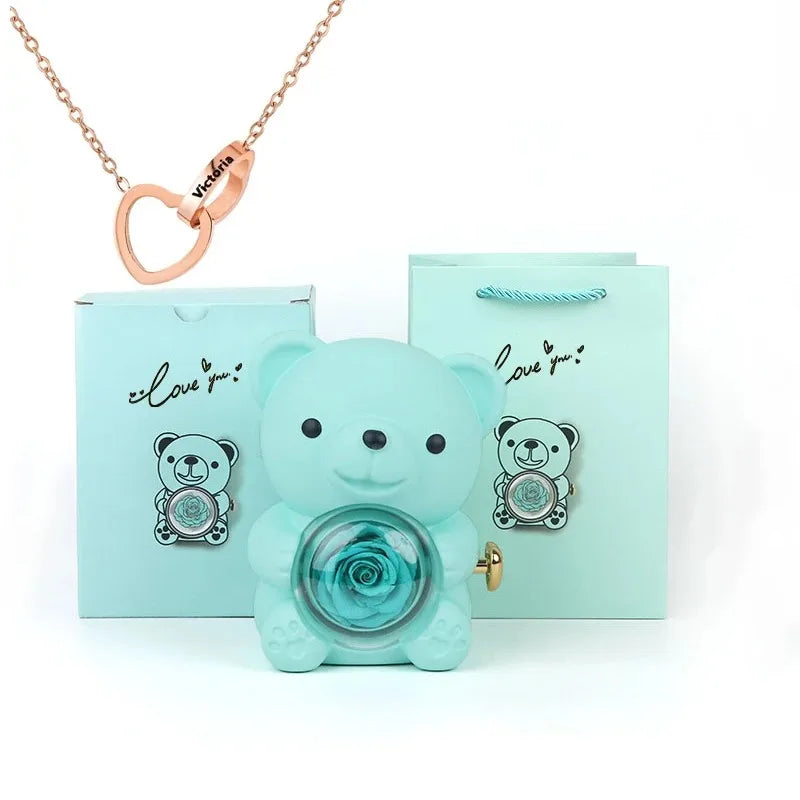 Eternal Rose Teddy Bear Gifts Box with Rotate Necklace Storage Case for Valentine Wedding Ideal Jewelry Packaging Display for Women Girls Girlfriend