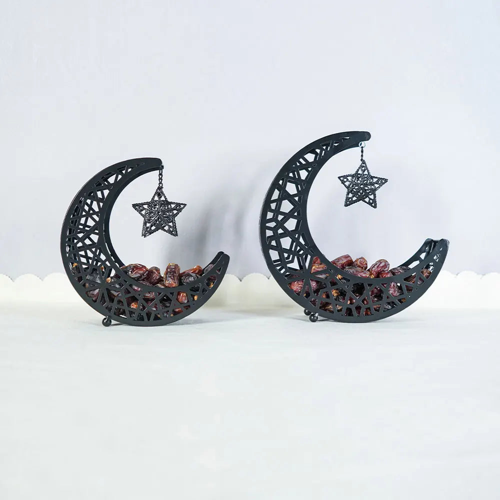 Golden Snack Tray Hollow Out Moon Star Shape Eid Mubarak Serving Platter Muslim Ramadan Nuts Plate Ramadan Candy Storage Box