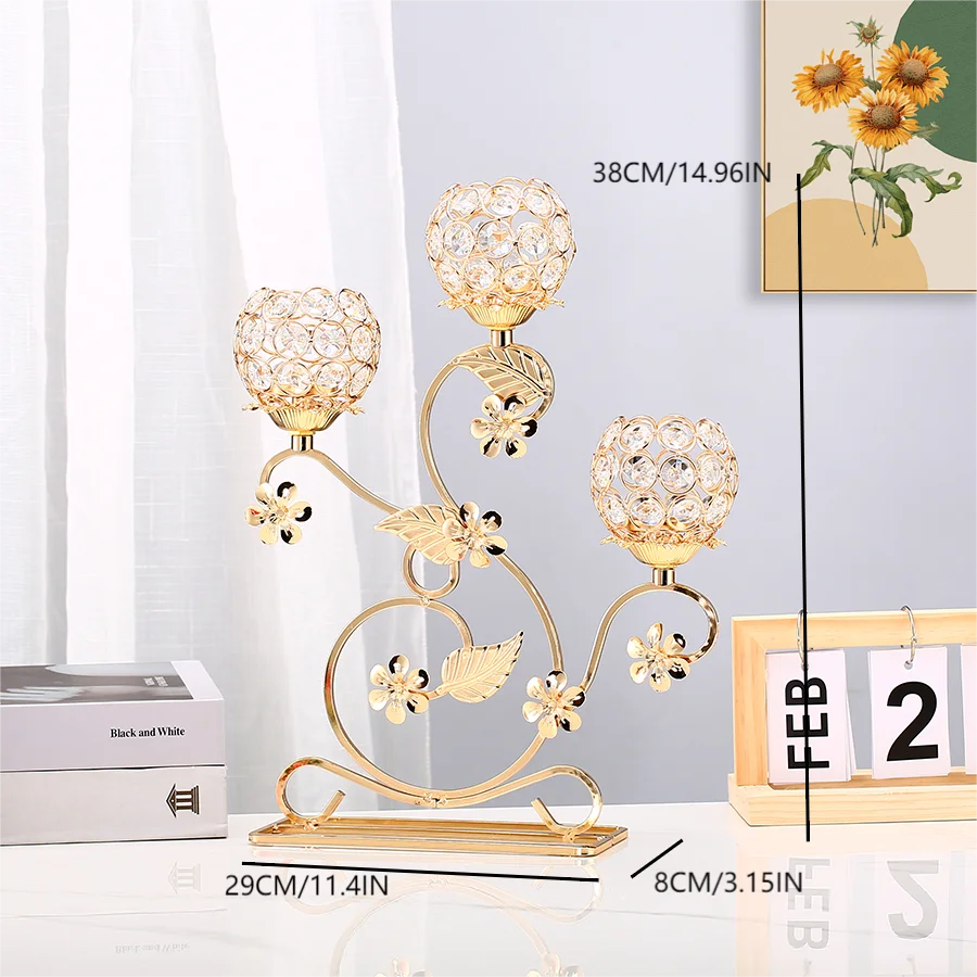 1pc 3 Arms Golden Metal Candle Holder Candelabra, Vintage Flower Shaped Candlestick for Table Centerpiece Wedding Birthday Party