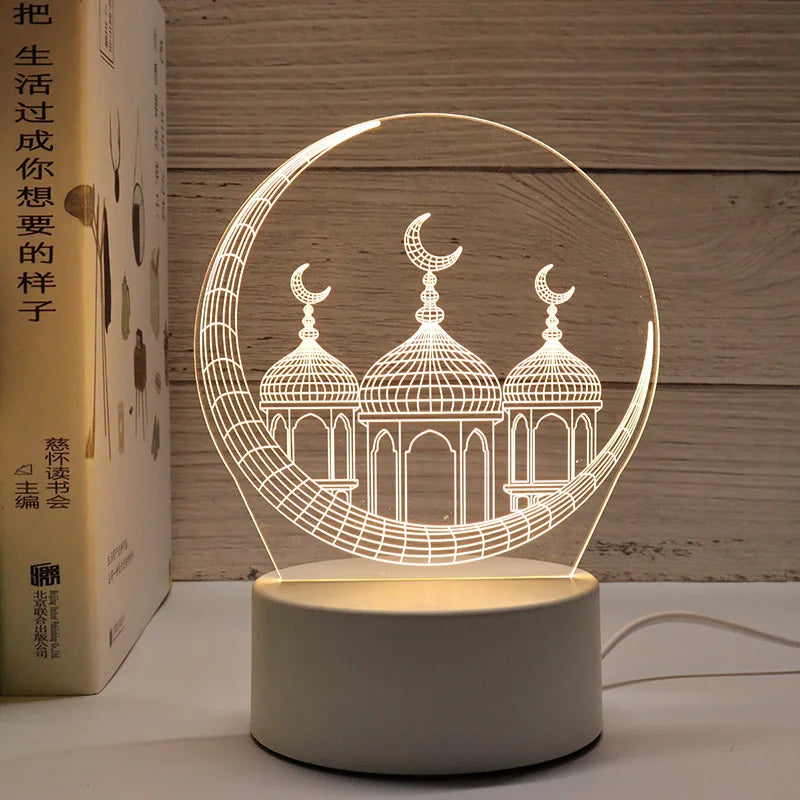 3D Moon Castle Acrylic LED Night Light Eid Mubarak Festival Ornaments Islamic Muslim Party Supplies 2024 Ramadan Home Decoration