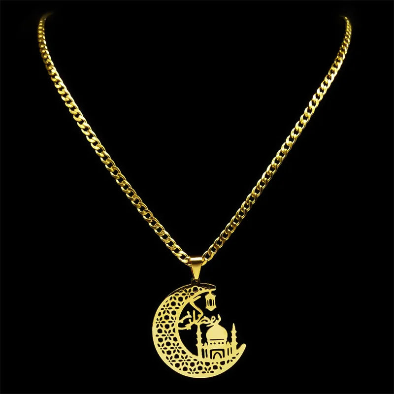 Islamic Mosque Muslim Crescent Moon Necklace for Women Men Stainless Steel Quran Islam Religious Jewelry chaine homme 6216-QKC