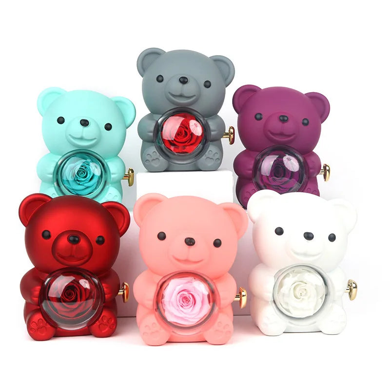 Eternal Rose Teddy Bear Gifts Box with Rotate Necklace Storage Case for Valentine Wedding Ideal Jewelry Packaging Display for Women Girls Girlfriend