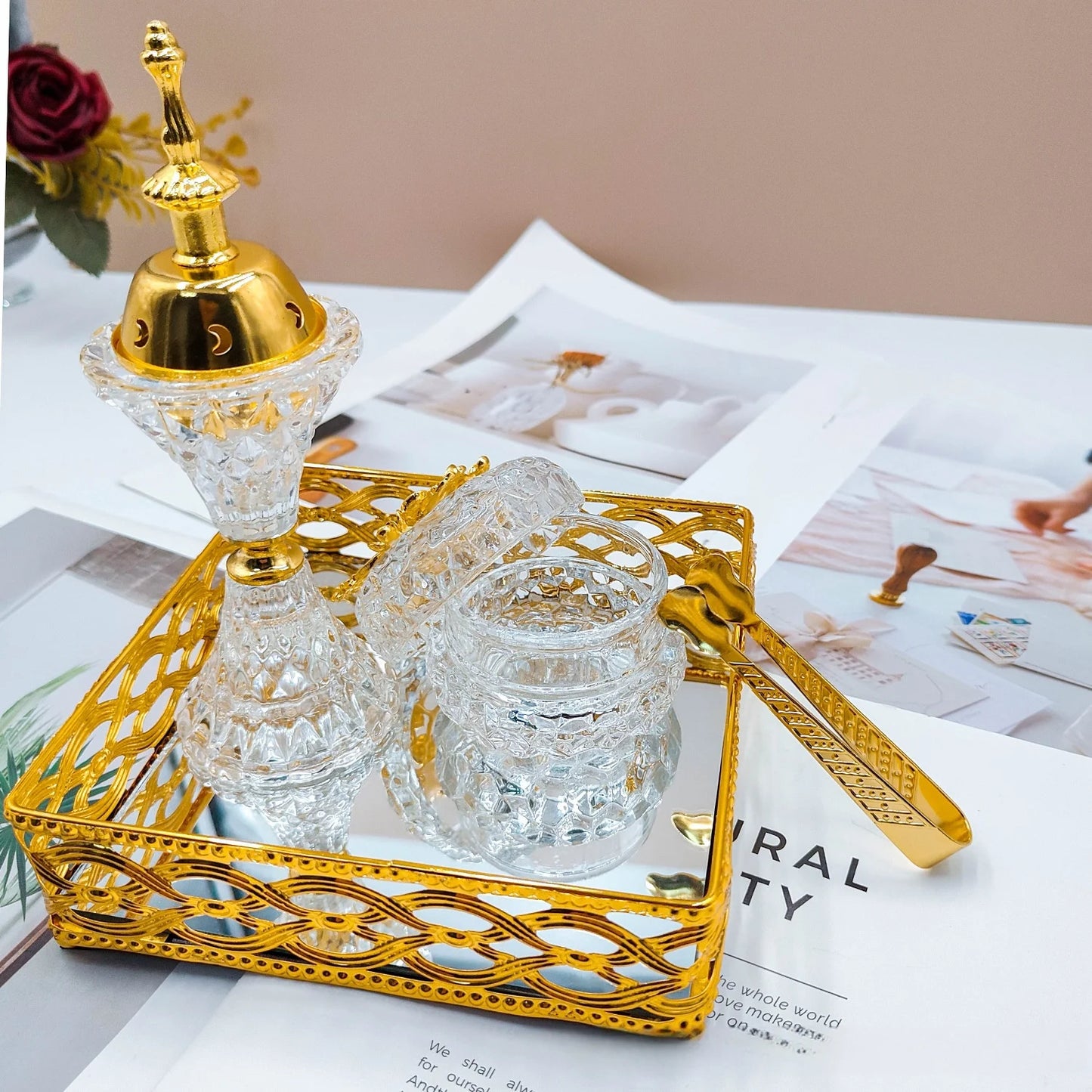 Arabic Crystal Incense Burner, Golden Square Tray Set, Living Room, Middle Eastern Ornament, Three-piece Set