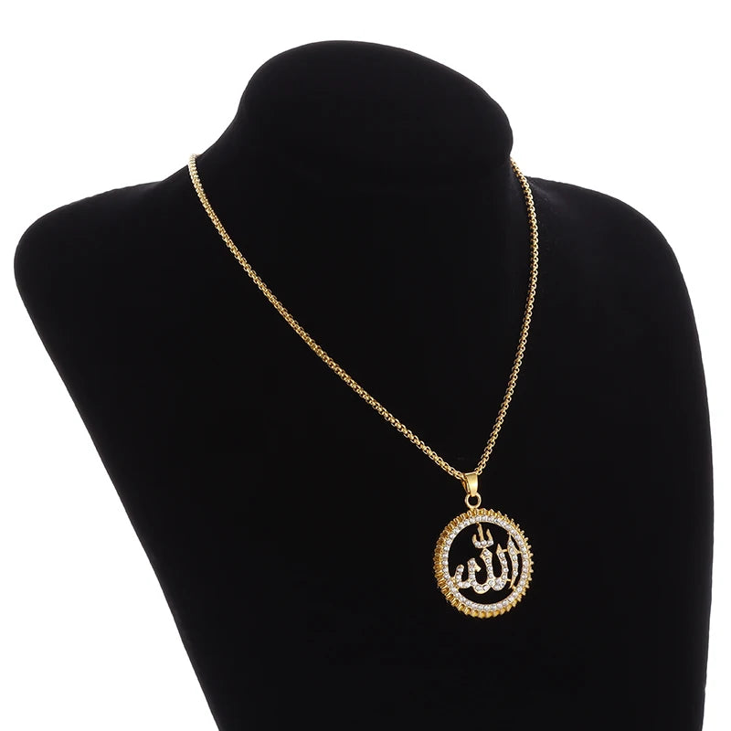 Islamic Muslim Rune Allah Round Pendant Necklace for Men Women Religious Ramadhan Festival Prayer Lucky Amulet Jewelry Gift