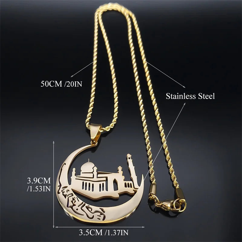 Islamic Mosque Crescent Moon Necklace for Women Men Stainless Steel Gold Color Arabic Muslim Islam Chain Necklaces Jewelry N6072