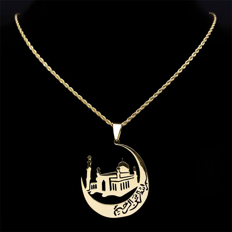 Islamic Mosque Crescent Moon Necklace for Women Men Stainless Steel Gold Color Arabic Muslim Islam Chain Necklaces Jewelry N6072