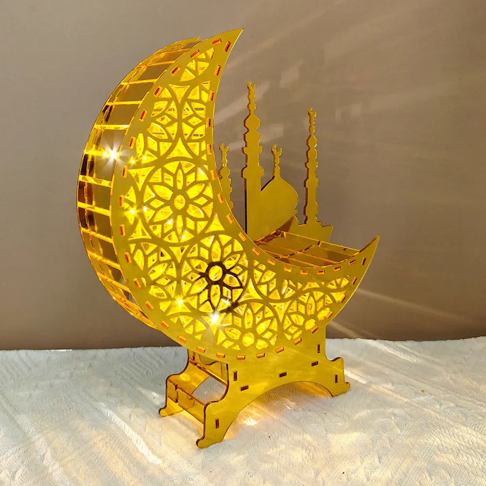 Ramadan Kareem Decoration with LED Night Light Acrylic Mirror Moon Castle Eid Mubarak Al-Fitr Tabletop Ornament DIY Party Gifts