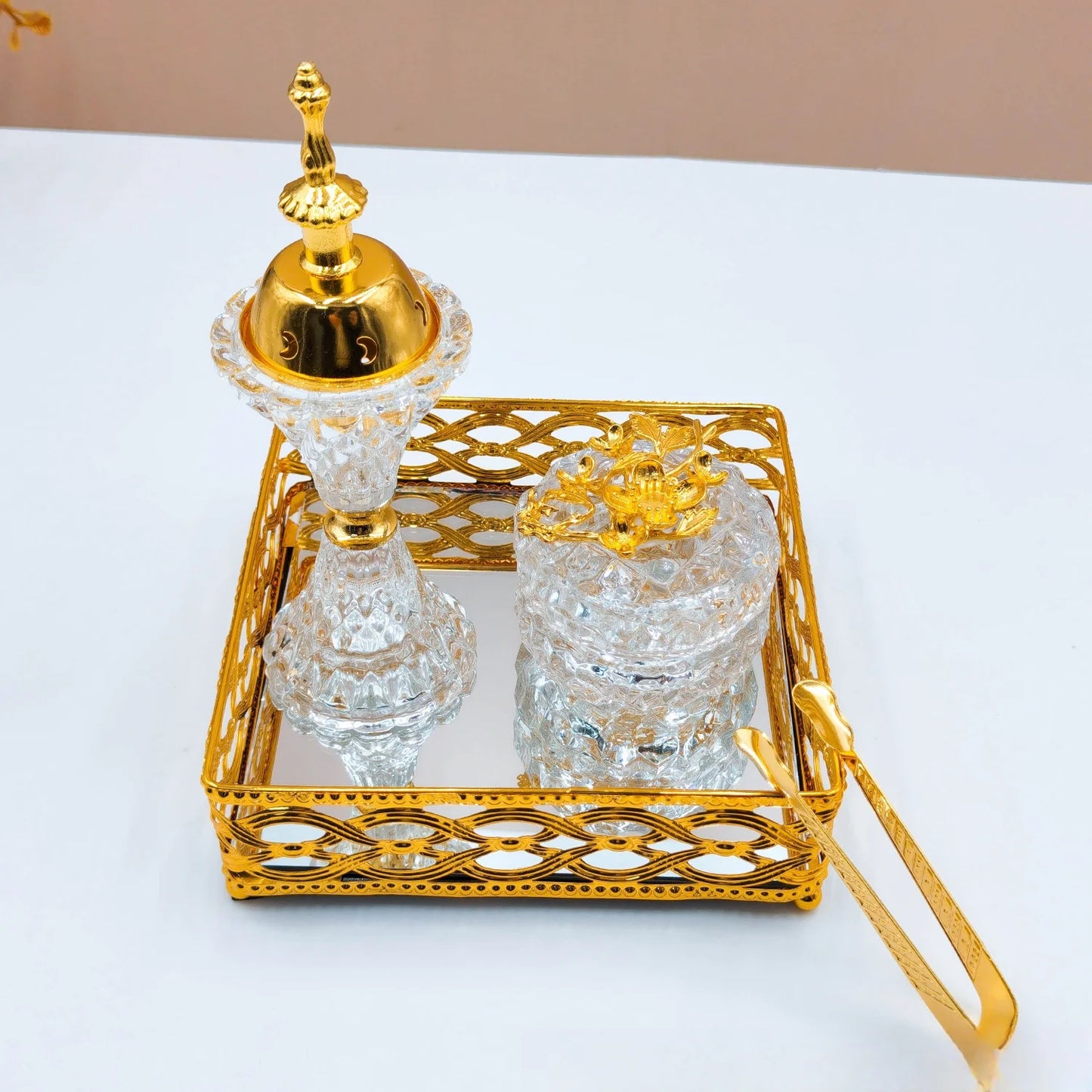 Arabic Crystal Incense Burner, Golden Square Tray Set, Living Room, Middle Eastern Ornament, Three-piece Set