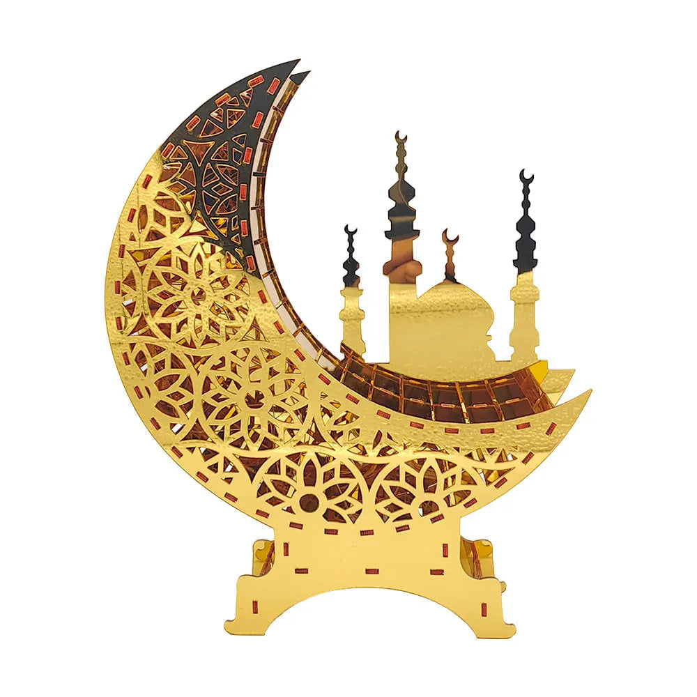 Ramadan Kareem Decoration with LED Night Light Acrylic Mirror Moon Castle Eid Mubarak Al-Fitr Tabletop Ornament DIY Party Gifts