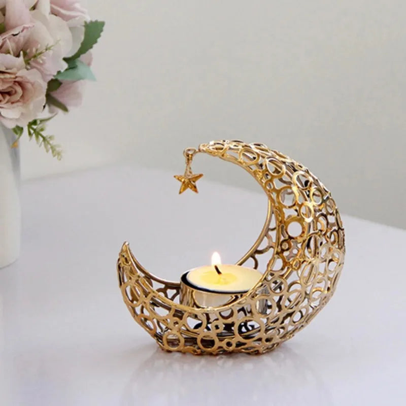 Eid Mubarak Ramadan Metal Candlestick Moon Shaped Candle Holder Home Desktop Ornament for Bedroom Showcase Living Room