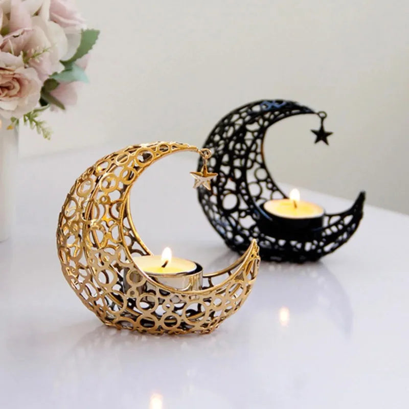 Eid Mubarak Ramadan Metal Candlestick Moon Shaped Candle Holder Home Desktop Ornament for Bedroom Showcase Living Room