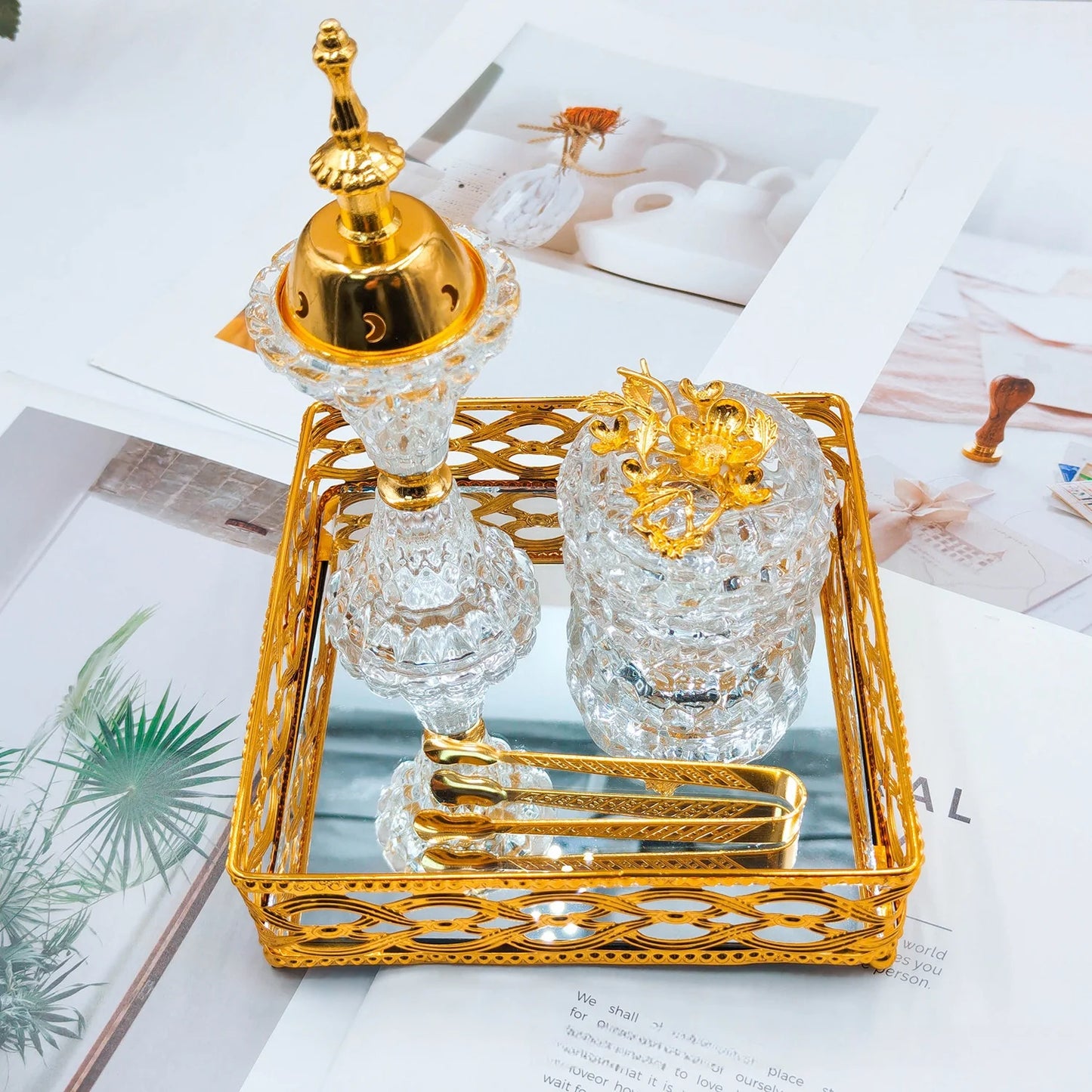 Arabic Crystal Incense Burner, Golden Square Tray Set, Living Room, Middle Eastern Ornament, Three-piece Set