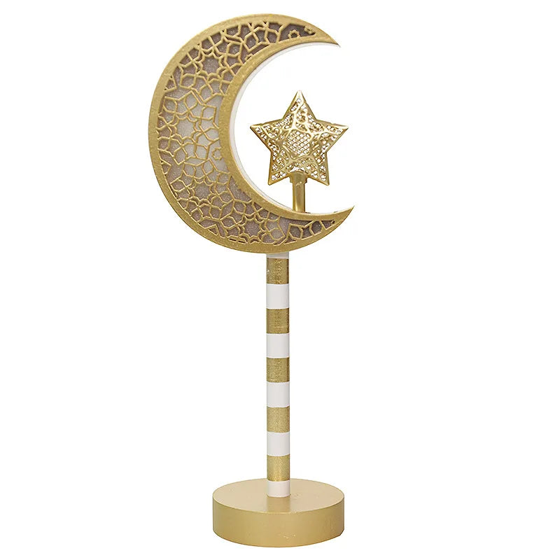 Ramadan Moon Star Lamp Sign Eid Mubarak Wooden Table Ornament 2025 Islamic Muslim Party Home Decoration LED Light Lantern Gifts