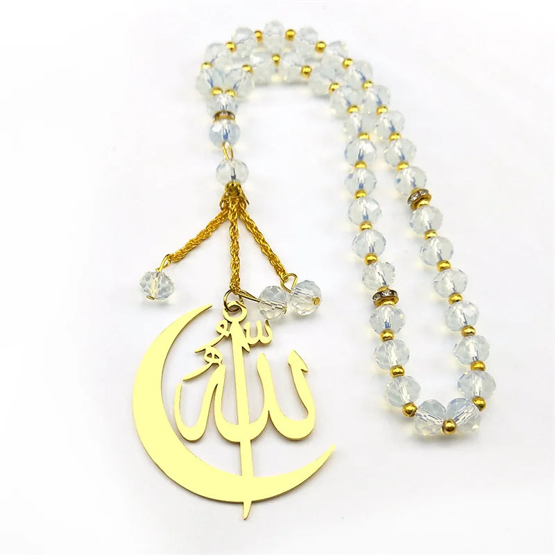 Muslim Allah Crescent Moon Symbol Car Keychain for Women Men Stainless Steel Gold Color Arabic 33 Prayer Beads Key Ring Jewelry