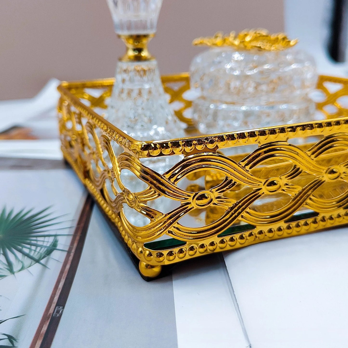 Arabic Crystal Incense Burner, Golden Square Tray Set, Living Room, Middle Eastern Ornament, Three-piece Set