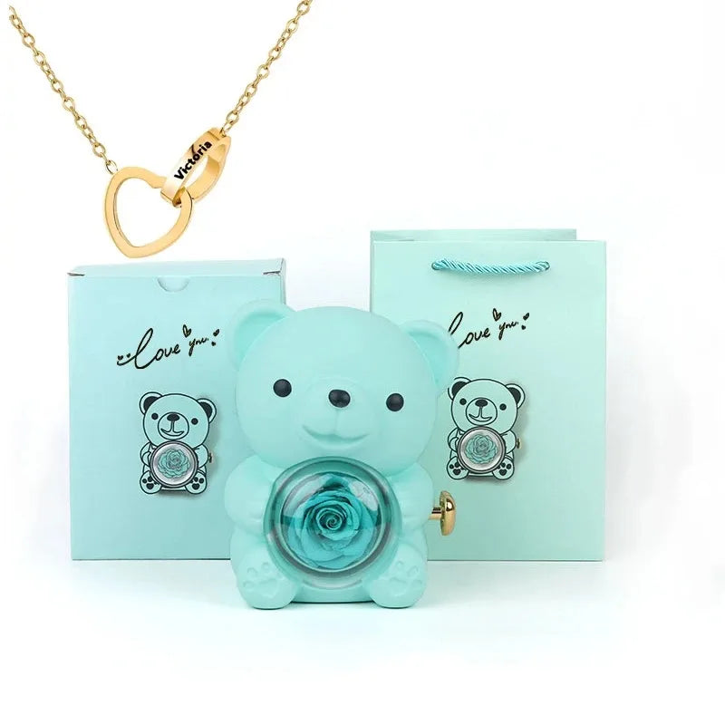 Eternal Rose Teddy Bear Gifts Box with Rotate Necklace Storage Case for Valentine Wedding Ideal Jewelry Packaging Display for Women Girls Girlfriend